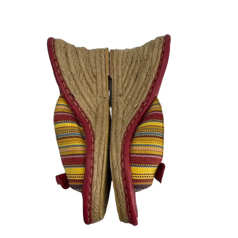 BORN Drilles 8 / 39 Striped Espadrilles Wedge Mule Open Toe Red Bow W5850